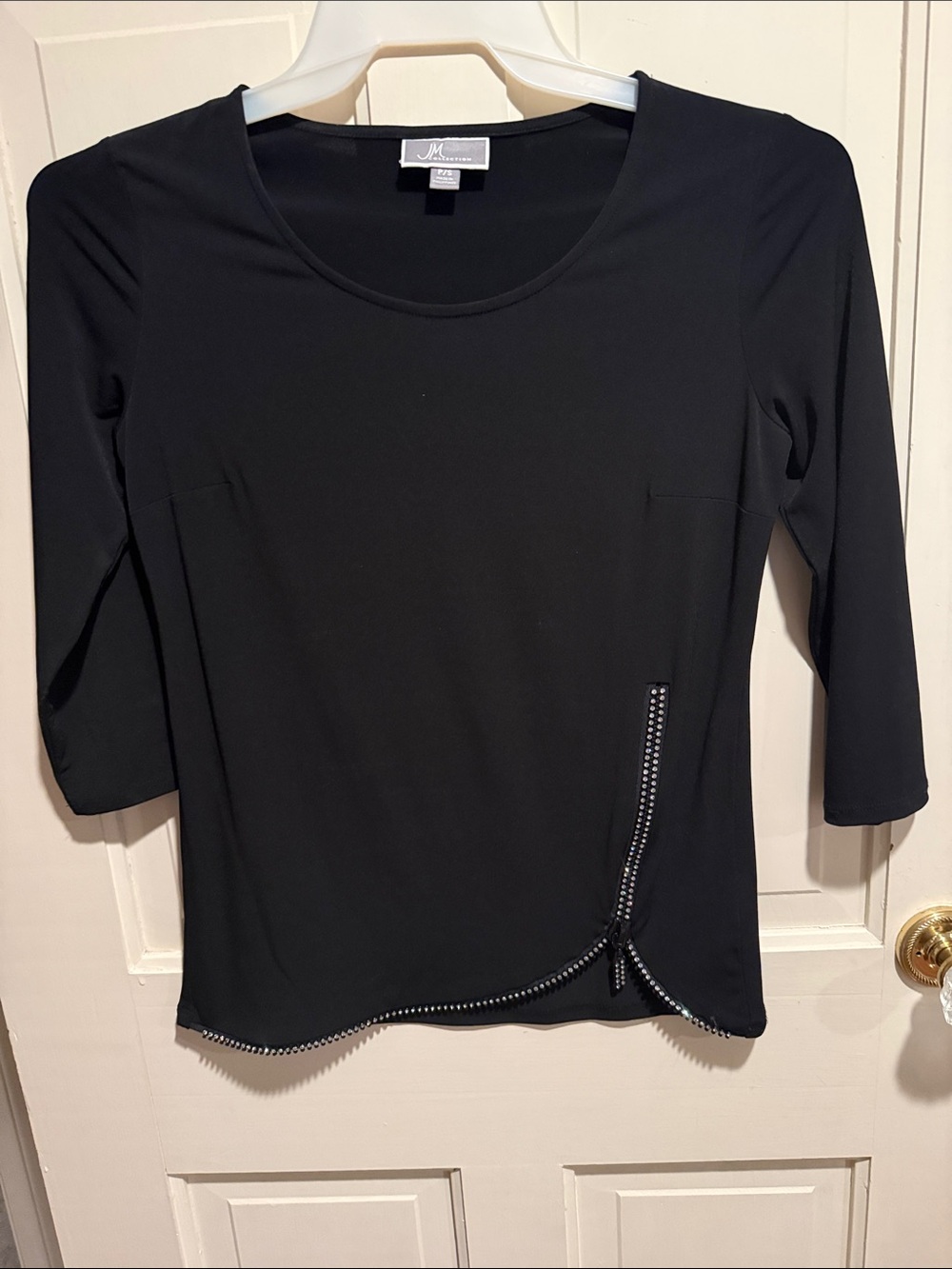 JM Collection Black Long-Sleeve Scoop Neck Top with Zip Detail
